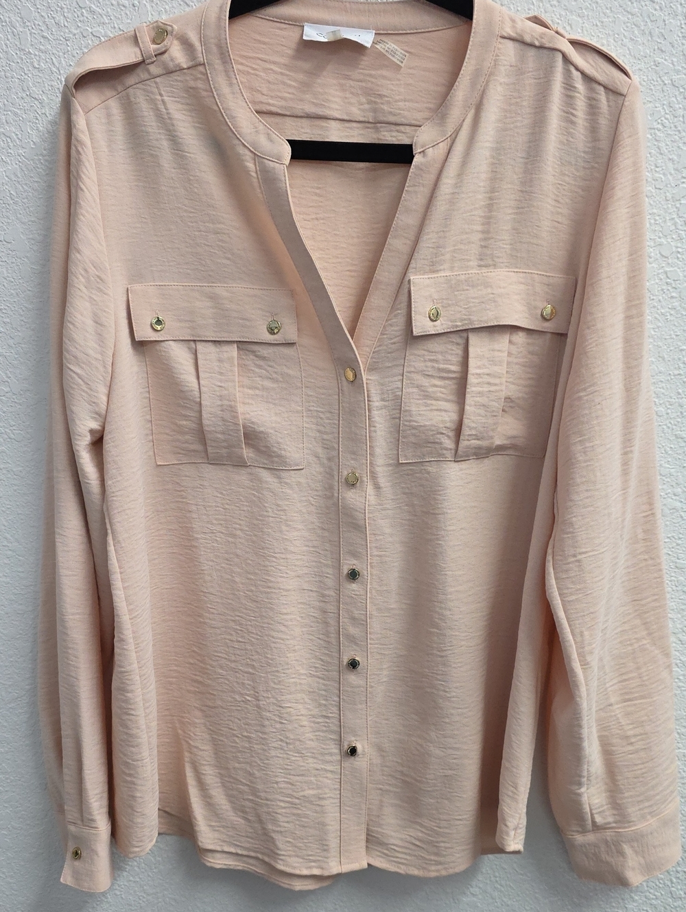 Calvin Klein Blush Pink Crinkle Utility Blouse Gold Snap Front Size Medium